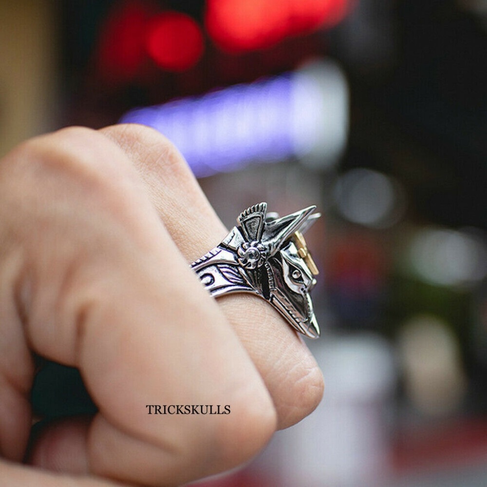 Silver Stainless Tactical Egyptian Ankh Anubis Wolf Jackal God Spikes Ring New! - Picture 5 of 10